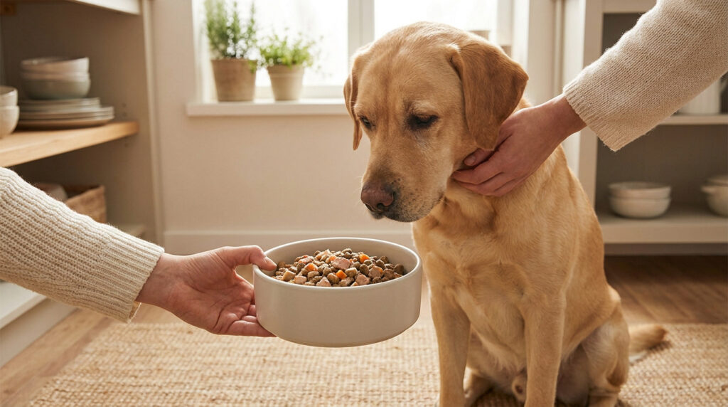 Un propriétaire offre une gamelle de nourriture saine à un chien Labrador beige dans une cuisine chaleureuse.