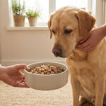 Un propriétaire offre une gamelle de nourriture saine à un chien Labrador beige dans une cuisine chaleureuse.