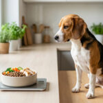 Un chien de race Beagle assis dans une cuisine devant sa gamelle posée sur une balance électronique.