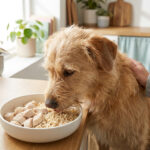 Un chien au pelage brun mange un bol de riz et de poulet bouilli alors qu'une personne le caresse dans la cuisine.