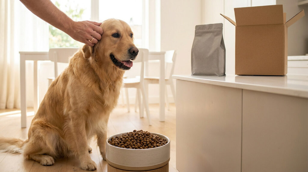 Un golden retriever se fait caresser la tête à côté d'un bol de croquettes et d'un colis de livraison reçu à domicile.