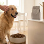 Un golden retriever se fait caresser la tête à côté d'un bol de croquettes et d'un colis de livraison reçu à domicile.