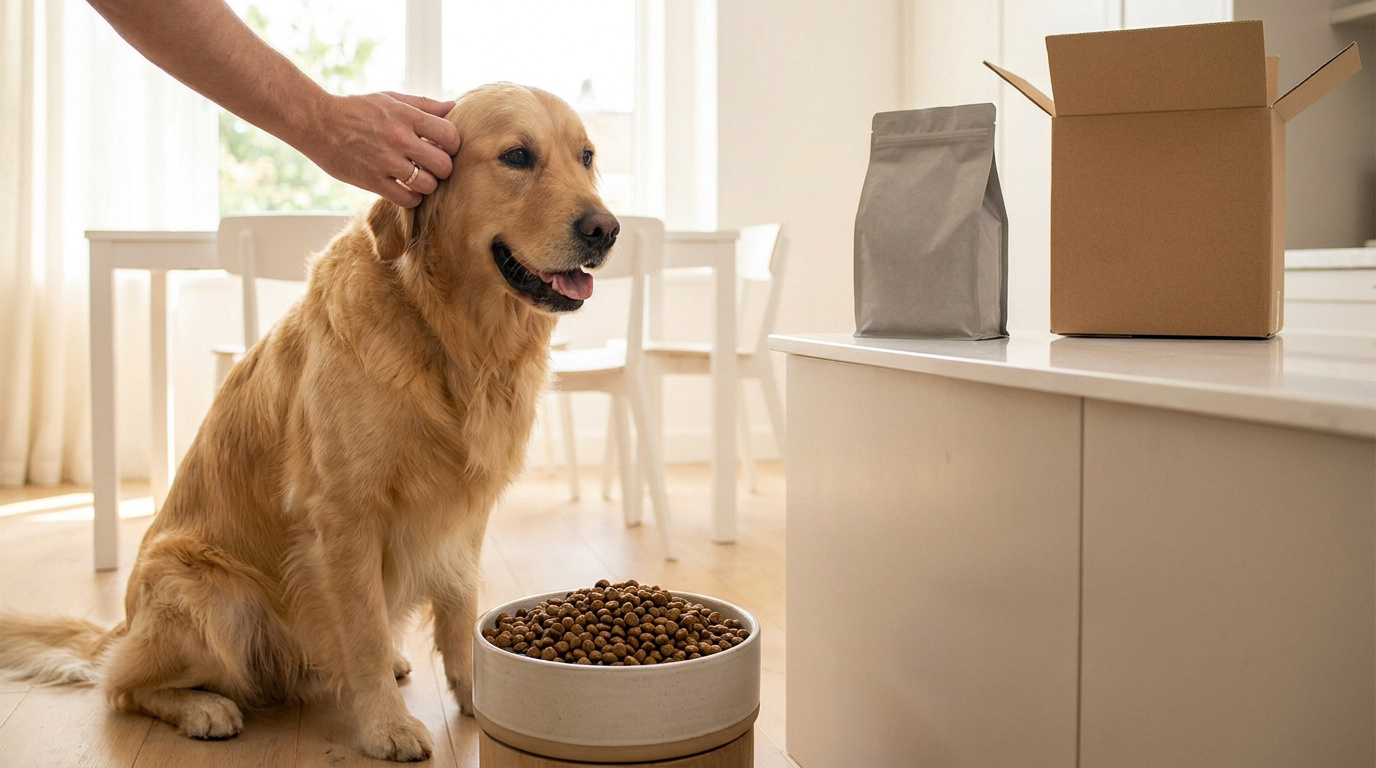 Un golden retriever se fait caresser la tête à côté d'un bol de croquettes et d'un colis de livraison reçu à domicile.