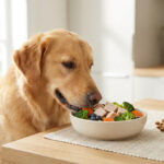 Un golden retriever mange un bol d'aliments naturels frais à côté d'un tas de croquettes sur une table de cuisine.