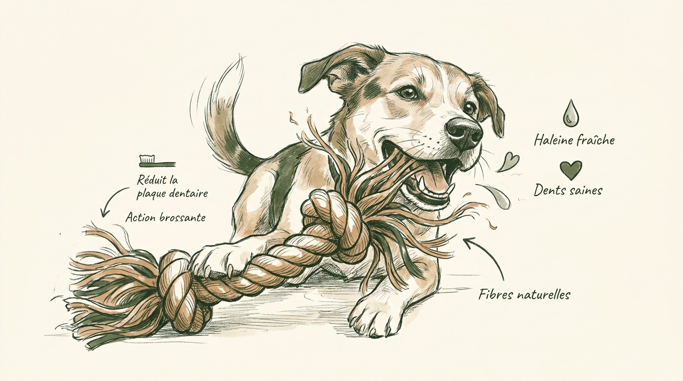 Chien joyeux mâchant un jouet en corde de coton bio pour nettoyer ses dents