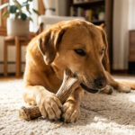 Chien de type labrador au pelage roux couché sur un tapis beige, mâchant paisiblement un bois de cerf.