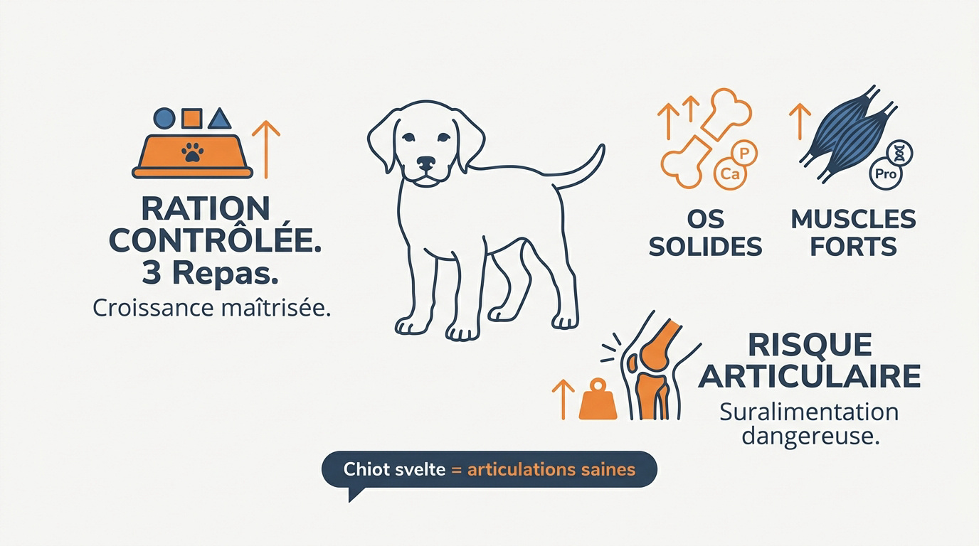 Chiot en croissance recevant une portion de nourriture équilibrée pour ses articulations