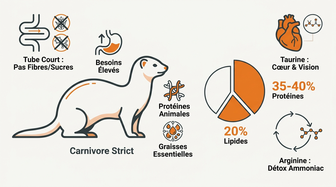 Schéma nutritionnel du furet carnivore strict montrant les besoins en protéines et graisses