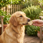 Un golden retriever recevant une friandise naturelle de la main d'un humain, avec un chat assis sur un banc en arrière-plan.