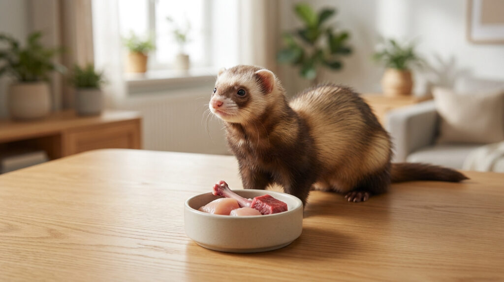 Un furet curieux observant un bol rempli de morceaux de viande crue posé sur une table en bois.