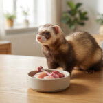 Un furet curieux observant un bol rempli de morceaux de viande crue posé sur une table en bois.