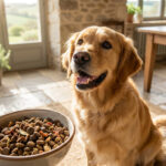 Un golden retriever heureux assis devant une gamelle de croquettes de qualité dans une maison ensoleillée.