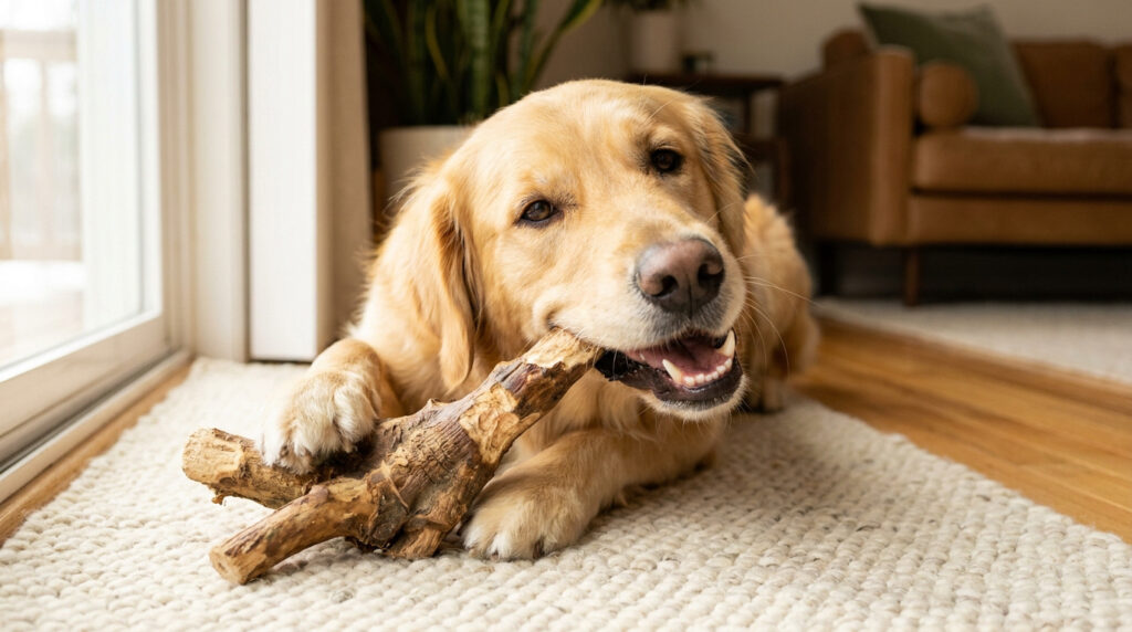 Un golden retriever heureux mâchonne une grosse branche de bois naturel sur un tapis dans un salon lumineux.
