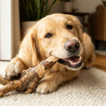 Un golden retriever heureux mâchonne une grosse branche de bois naturel sur un tapis dans un salon lumineux.