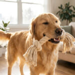 Un golden retriever joyeux tient un jouet en corde de coton dans sa gueule au milieu d'un salon lumineux.