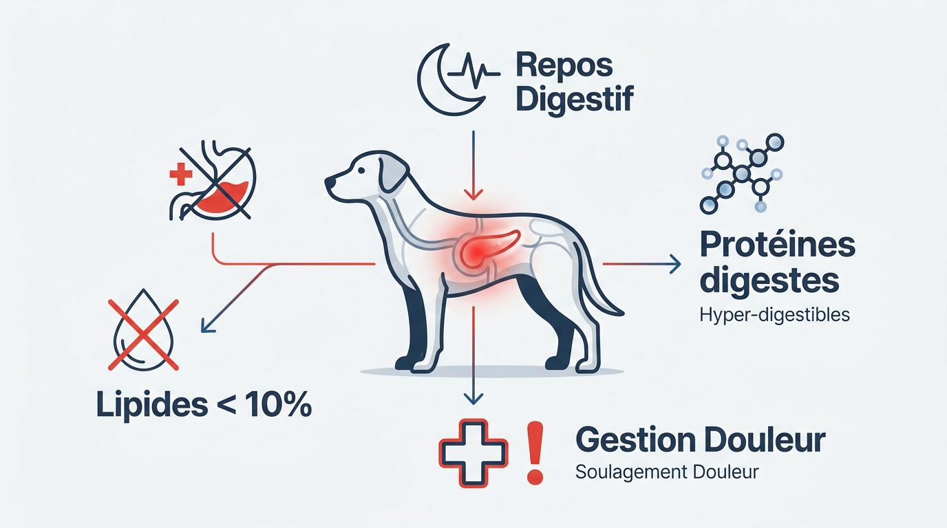 Infographie sur la gestion nutritionnelle et les soins de la pancréatite canine