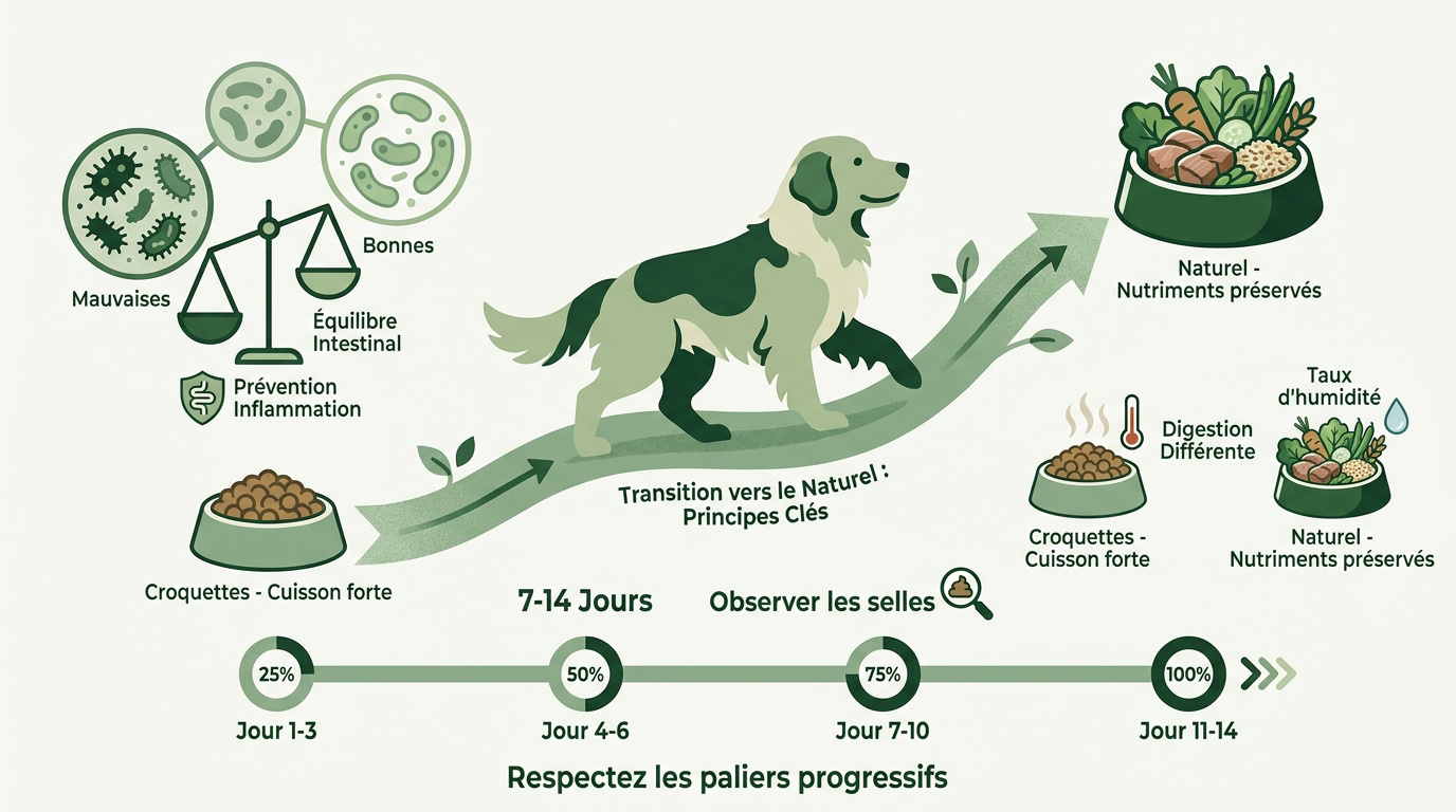 Infographie détaillant les étapes de la transition alimentaire vers le naturel