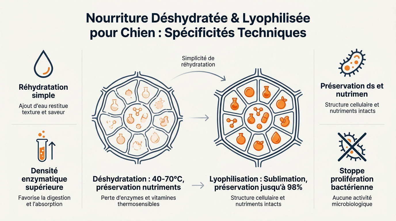 Comparaison visuelle entre nourriture pour chien déshydratée et lyophilisée