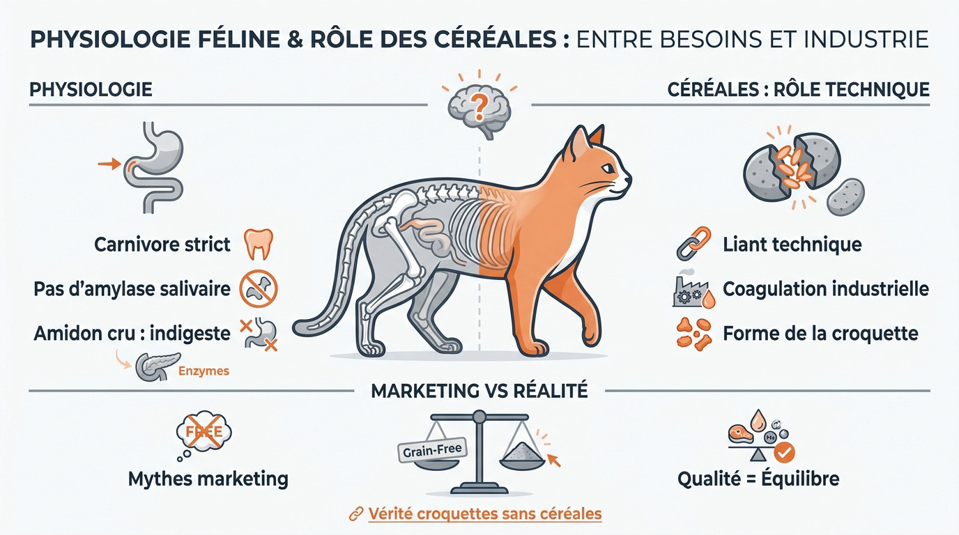 Schéma de la physiologie digestive du chat et impact des céréales