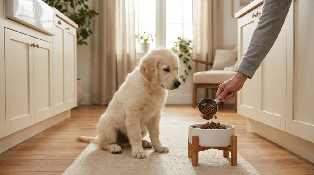 Une main verse des croquettes dans la gamelle d'un adorable chiot Golden Retriever assis sagement dans une cuisine.