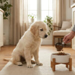 Une main verse des croquettes dans la gamelle d'un adorable chiot Golden Retriever assis sagement dans une cuisine.